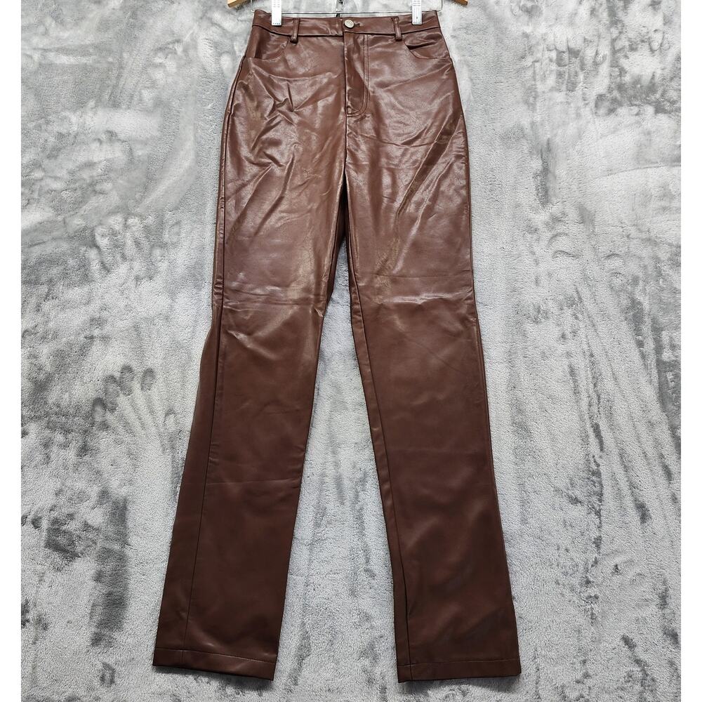 White Fox Pants Womens S Brown Faux Leather You've Got It High Rise Straight Leg